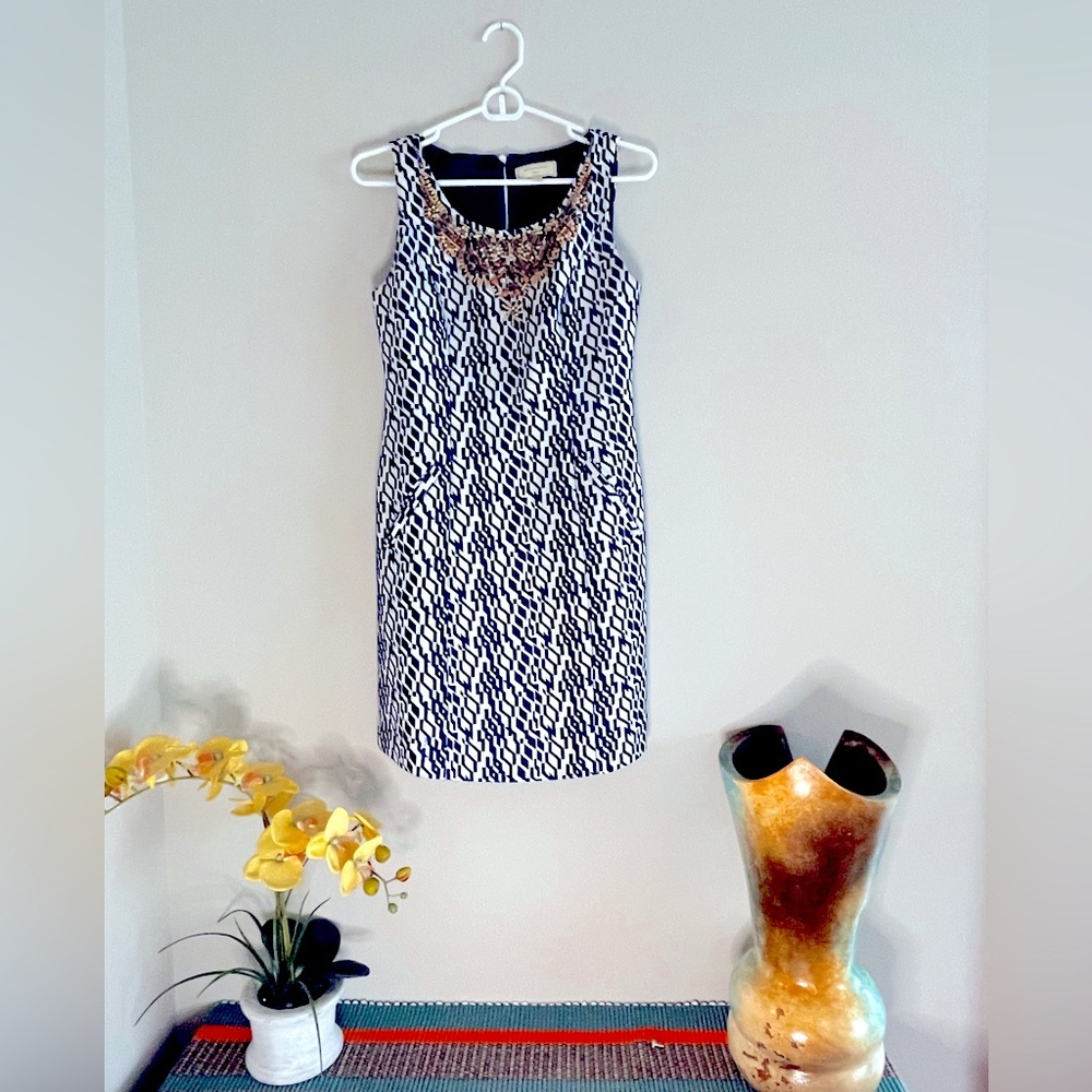 Anthropologie Moulinette Soeurs Sheath Beaded Dress | Blue and White | Pockets